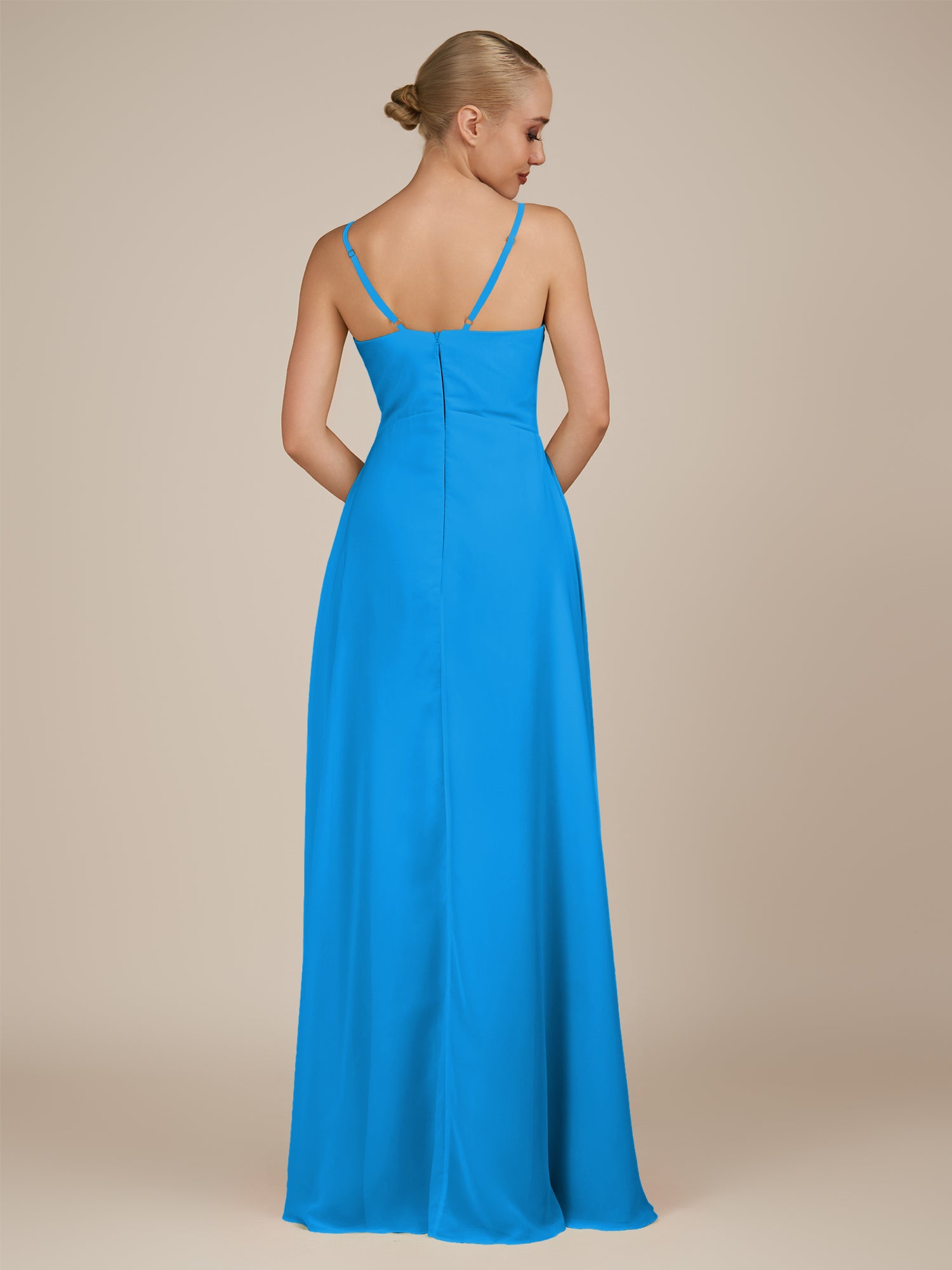 KissDress-Rhonda Blue Jay Sheath Chiffon V Neck Ruffled Long Bridesmaid Dress with Slit