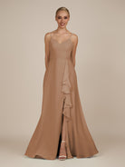KissDress-Rhonda Bronzer Sheath Chiffon V Neck Ruffled Long Bridesmaid Dress with Slit