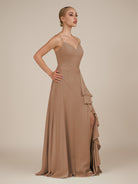 KissDress-Rhonda Bronzer Sheath Chiffon V Neck Ruffled Long Bridesmaid Dress with Slit