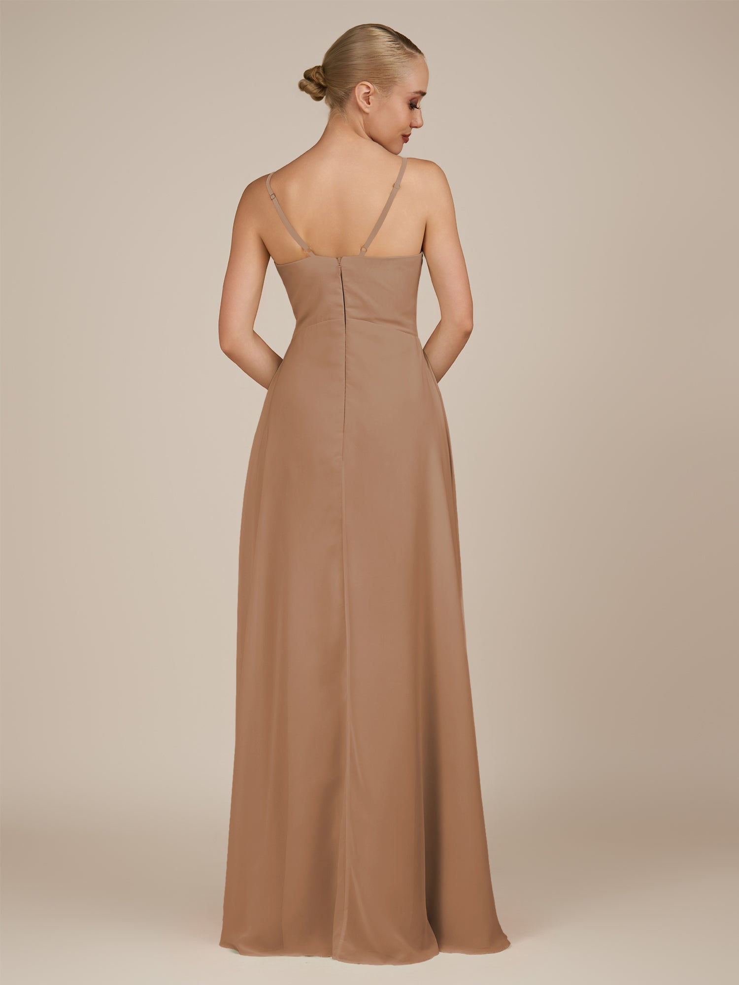 KissDress-Rhonda Bronzer Sheath Chiffon V Neck Ruffled Long Bridesmaid Dress with Slit