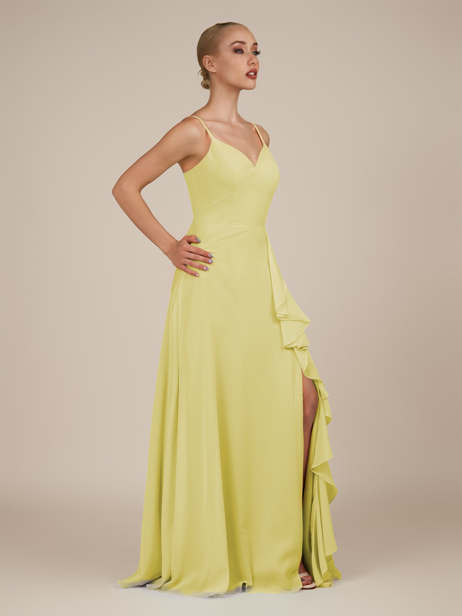 KissDress-Rhonda Buttercup Sheath Chiffon V Neck Ruffled Long Bridesmaid Dress with Slit