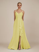 KissDress-Rhonda Buttercup Sheath Chiffon V Neck Ruffled Long Bridesmaid Dress with Slit
