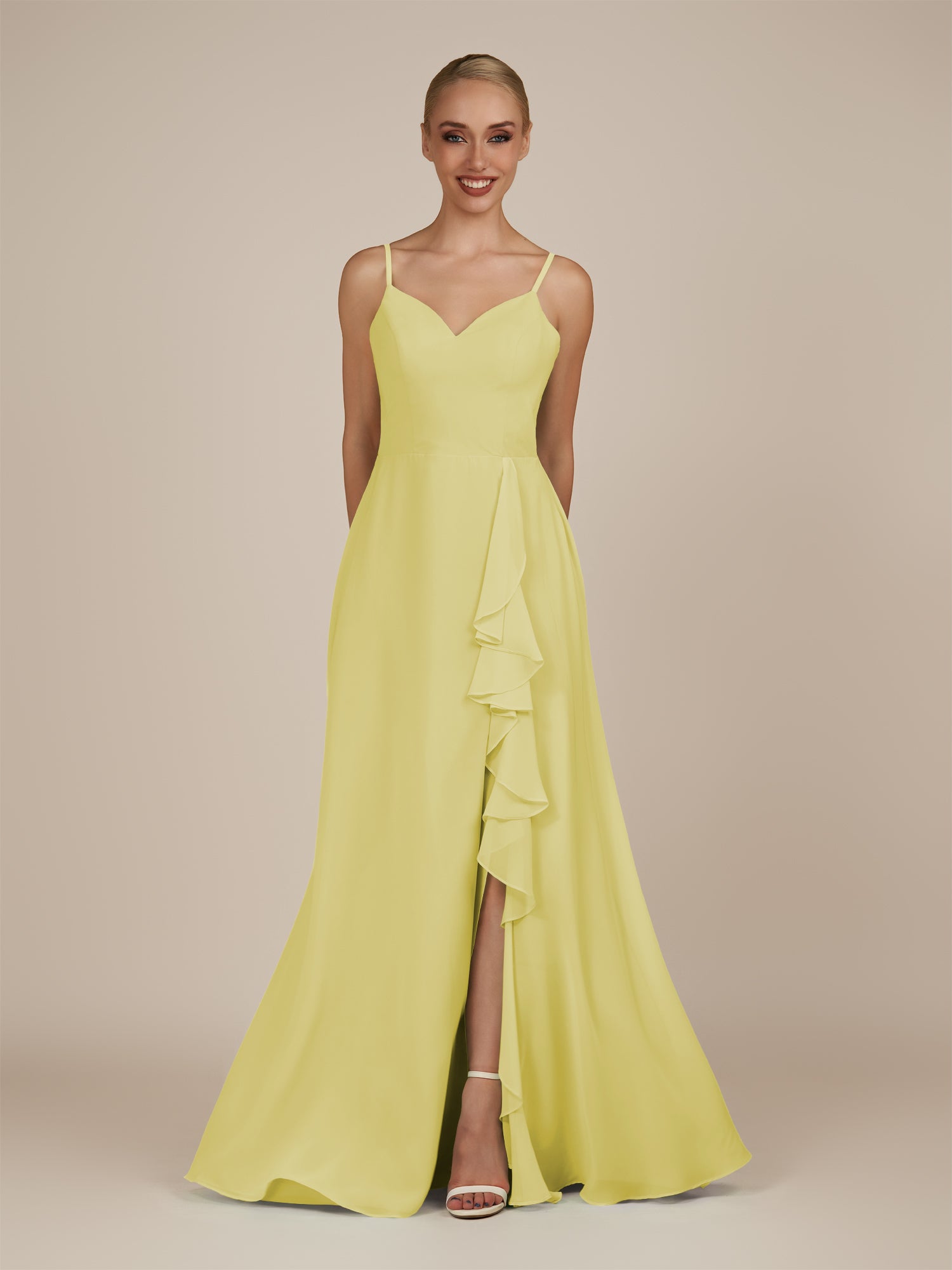 KissDress-Rhonda Buttercup Sheath Chiffon V Neck Ruffled Long Bridesmaid Dress with Slit