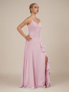 KissDress-Rhonda Candy Pink Sheath Chiffon V Neck Ruffled Long Bridesmaid Dress with Slit