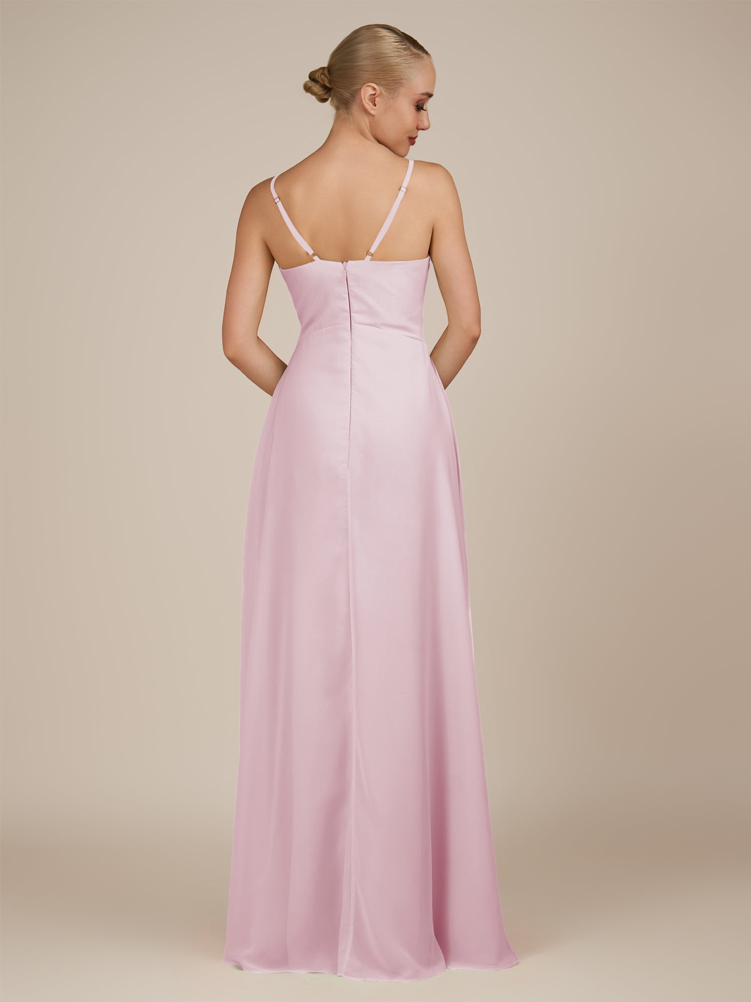KissDress-Rhonda Candy Pink Sheath Chiffon V Neck Ruffled Long Bridesmaid Dress with Slit