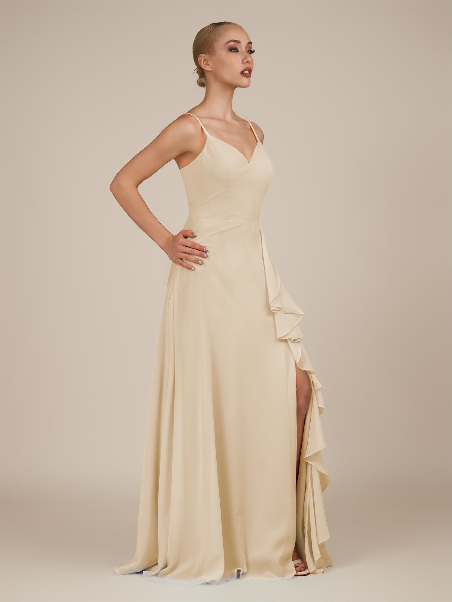 KissDress-Rhonda Champagne Sheath Chiffon V Neck Ruffled Long Bridesmaid Dress with Slit