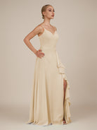 KissDress-Rhonda Champagne Sheath Chiffon V Neck Ruffled Long Bridesmaid Dress with Slit