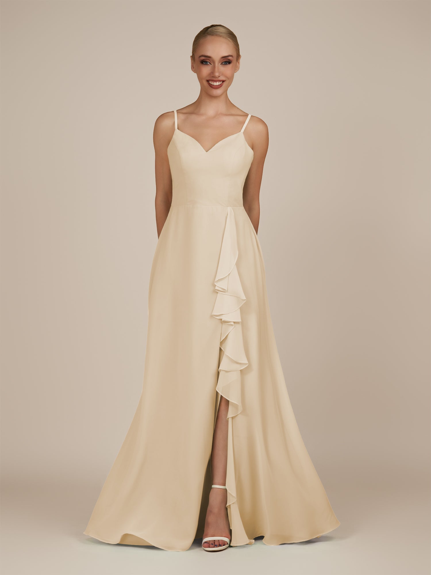 KissDress-Rhonda Champagne Sheath Chiffon V Neck Ruffled Long Bridesmaid Dress with Slit