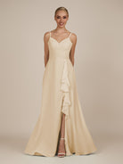 KissDress-Rhonda Champagne Sheath Chiffon V Neck Ruffled Long Bridesmaid Dress with Slit