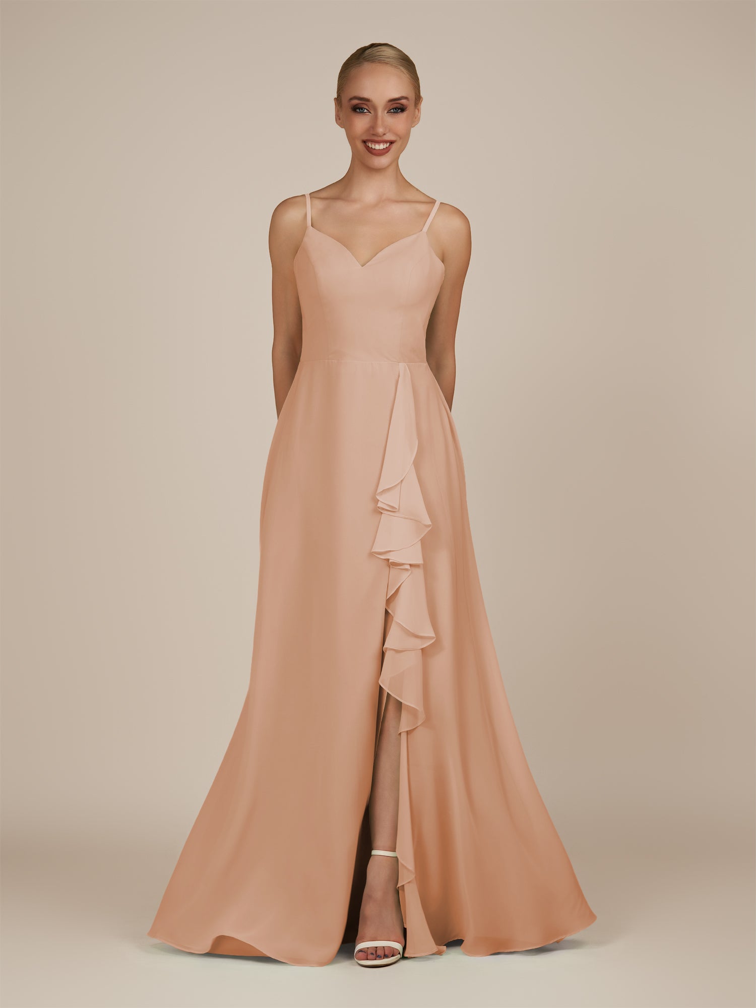 KissDress-Rhonda Champagne Rose Sheath Chiffon V Neck Ruffled Long Bridesmaid Dress with Slit