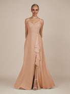 KissDress-Rhonda Champagne Rose Sheath Chiffon V Neck Ruffled Long Bridesmaid Dress with Slit