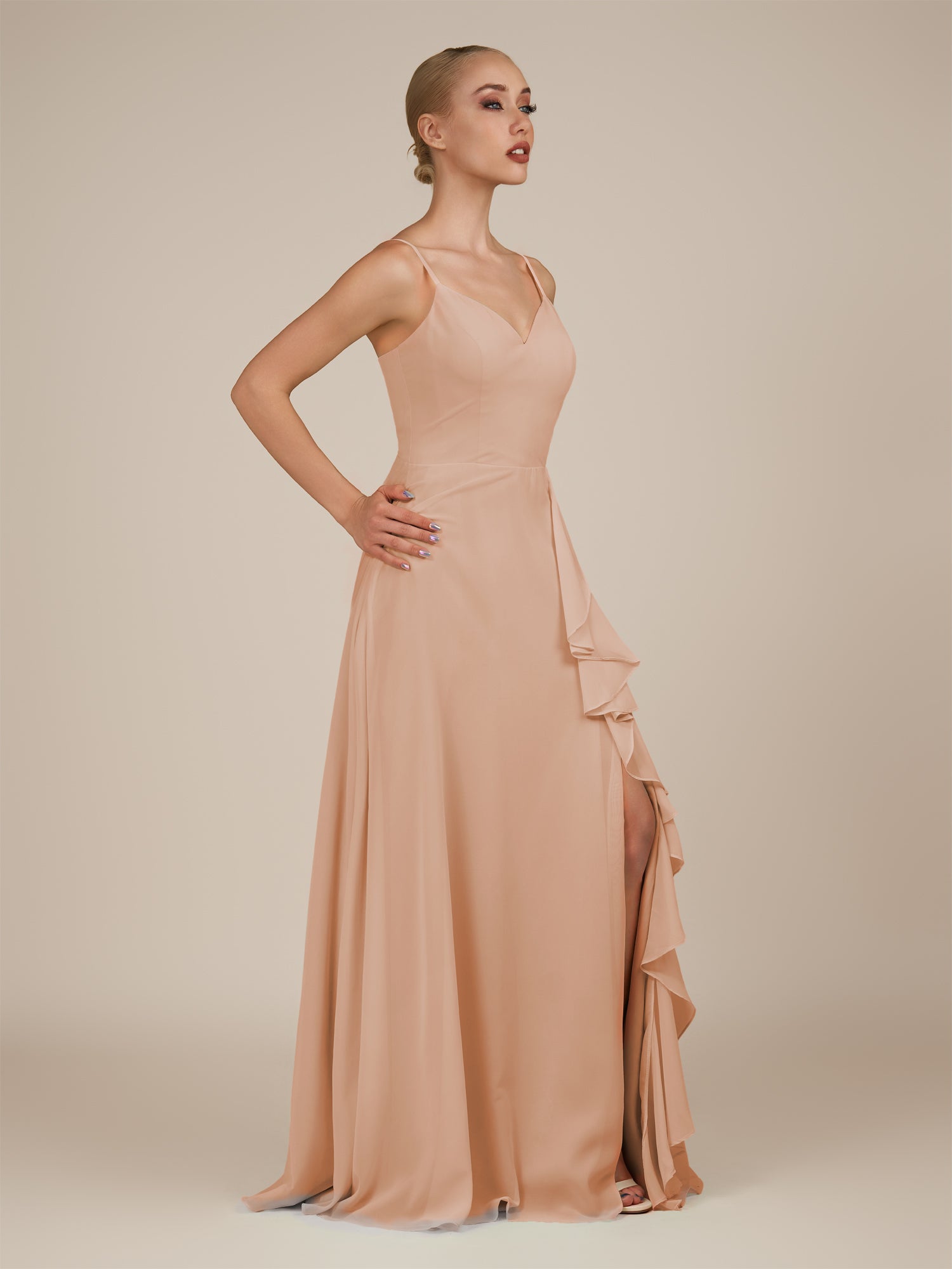 KissDress-Rhonda Champagne Rose Sheath Chiffon V Neck Ruffled Long Bridesmaid Dress with Slit