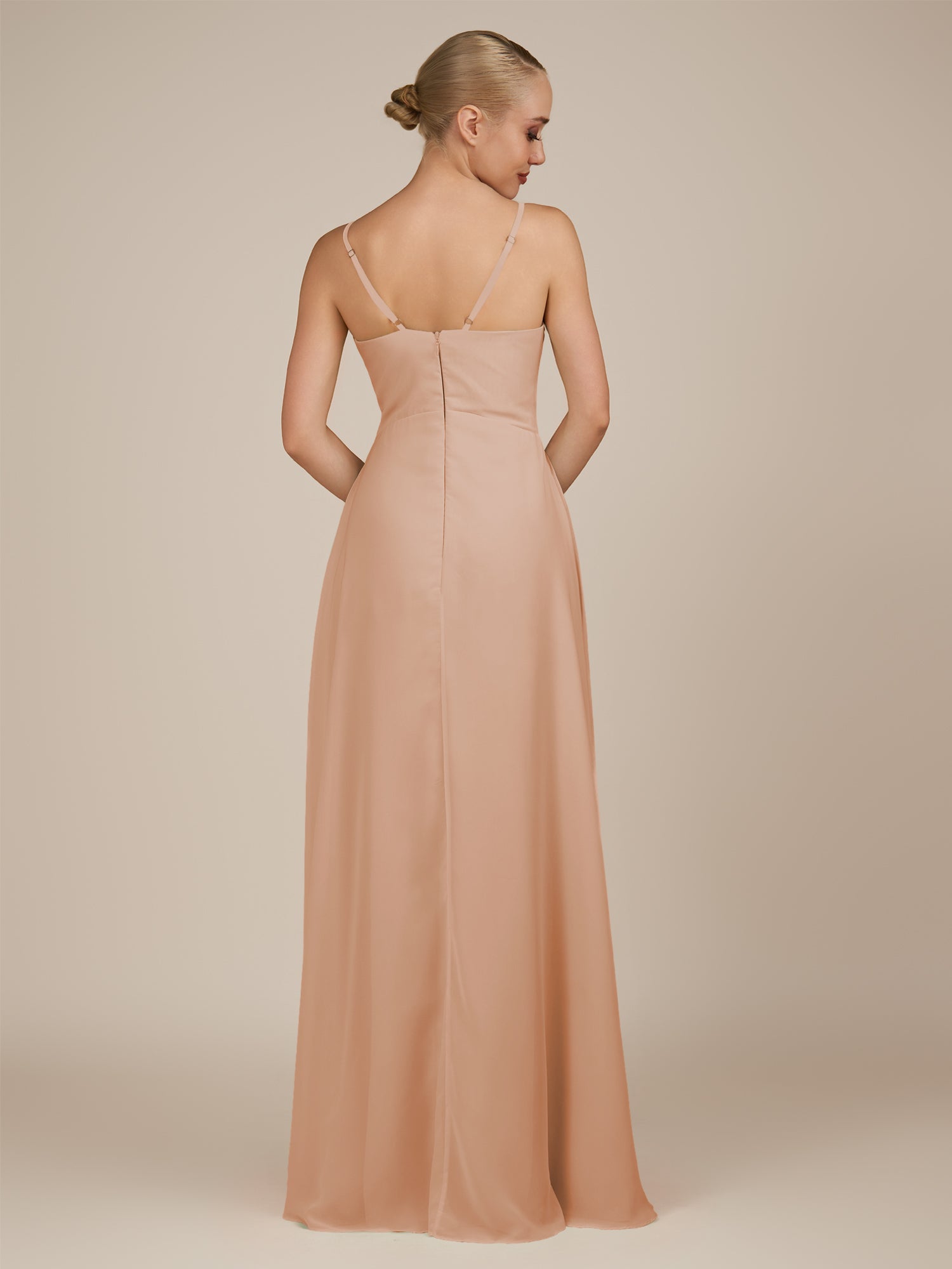 KissDress-Rhonda Champagne Rose Sheath Chiffon V Neck Ruffled Long Bridesmaid Dress with Slit