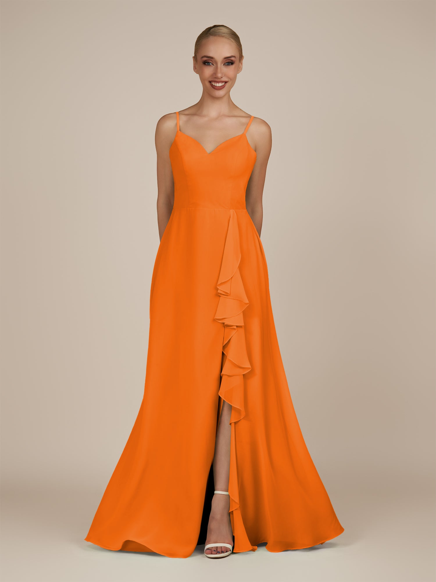 KissDress-Rhonda Cinnamon Sheath Chiffon V Neck Ruffled Long Bridesmaid Dress with Slit