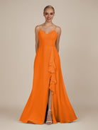 KissDress-Rhonda Cinnamon Sheath Chiffon V Neck Ruffled Long Bridesmaid Dress with Slit