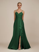 KissDress-Rhonda Dark Green Sheath Chiffon V Neck Ruffled Long Bridesmaid Dress with Slit