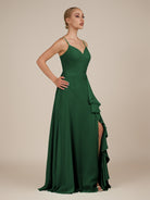 KissDress-Rhonda Dark Green Sheath Chiffon V Neck Ruffled Long Bridesmaid Dress with Slit