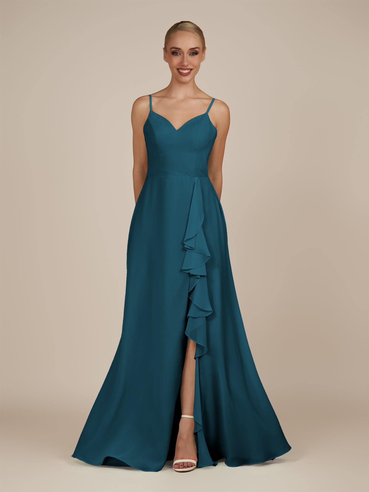 KissDress-Rhonda Dark Teal Sheath Chiffon V Neck Ruffled Long Bridesmaid Dress with Slit