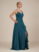 KissDress-Rhonda Dark Teal Sheath Chiffon V Neck Ruffled Long Bridesmaid Dress with Slit