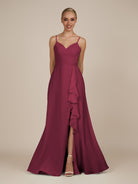 KissDress-Rhonda Desert Rose Sheath Chiffon V Neck Ruffled Long Bridesmaid Dress with Slit