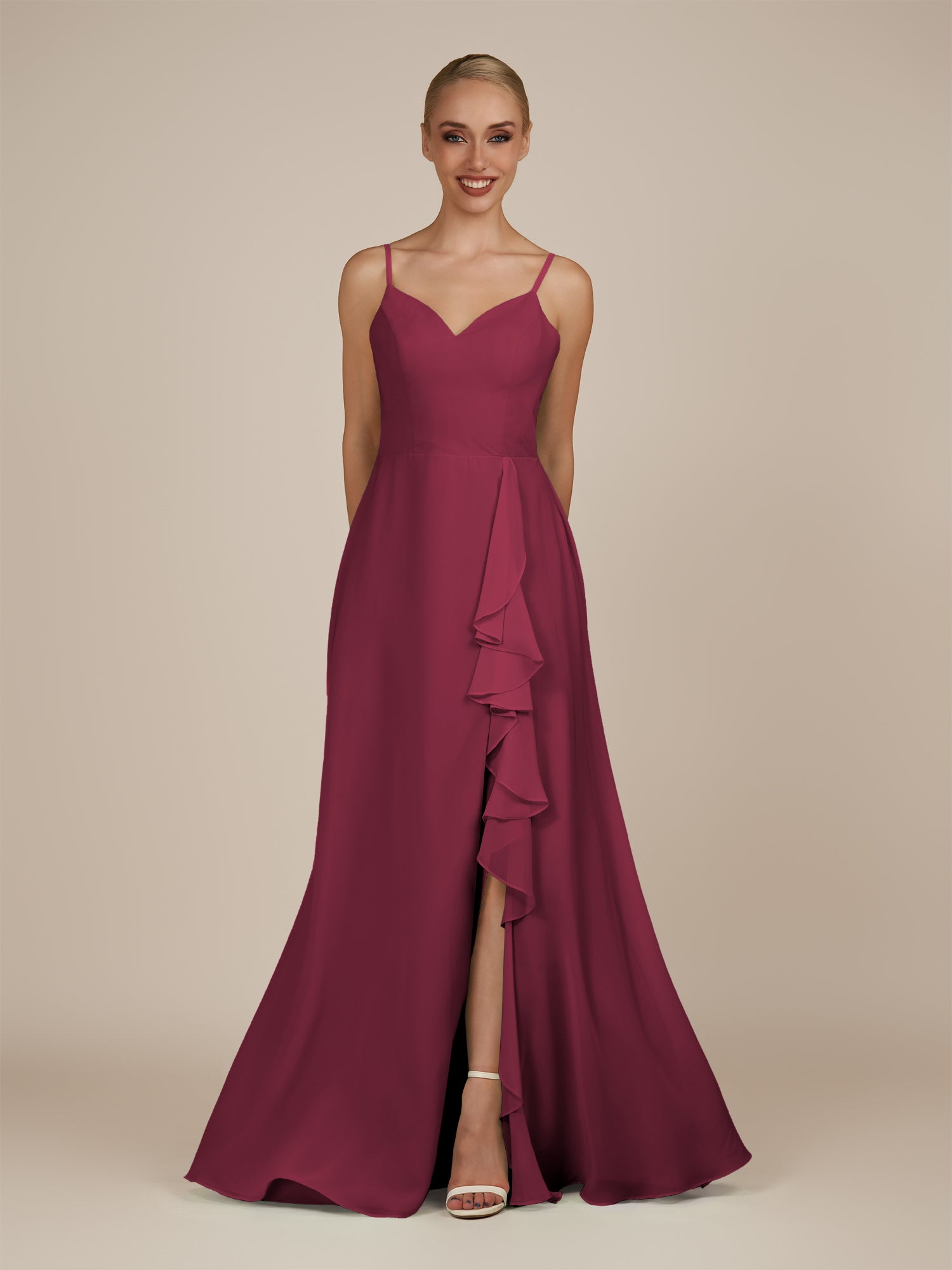 KissDress-Rhonda Desert Rose Sheath Chiffon V Neck Ruffled Long Bridesmaid Dress with Slit