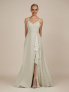 KissDress-Rhonda Dove Gray Sheath Chiffon V Neck Ruffled Long Bridesmaid Dress with Slit