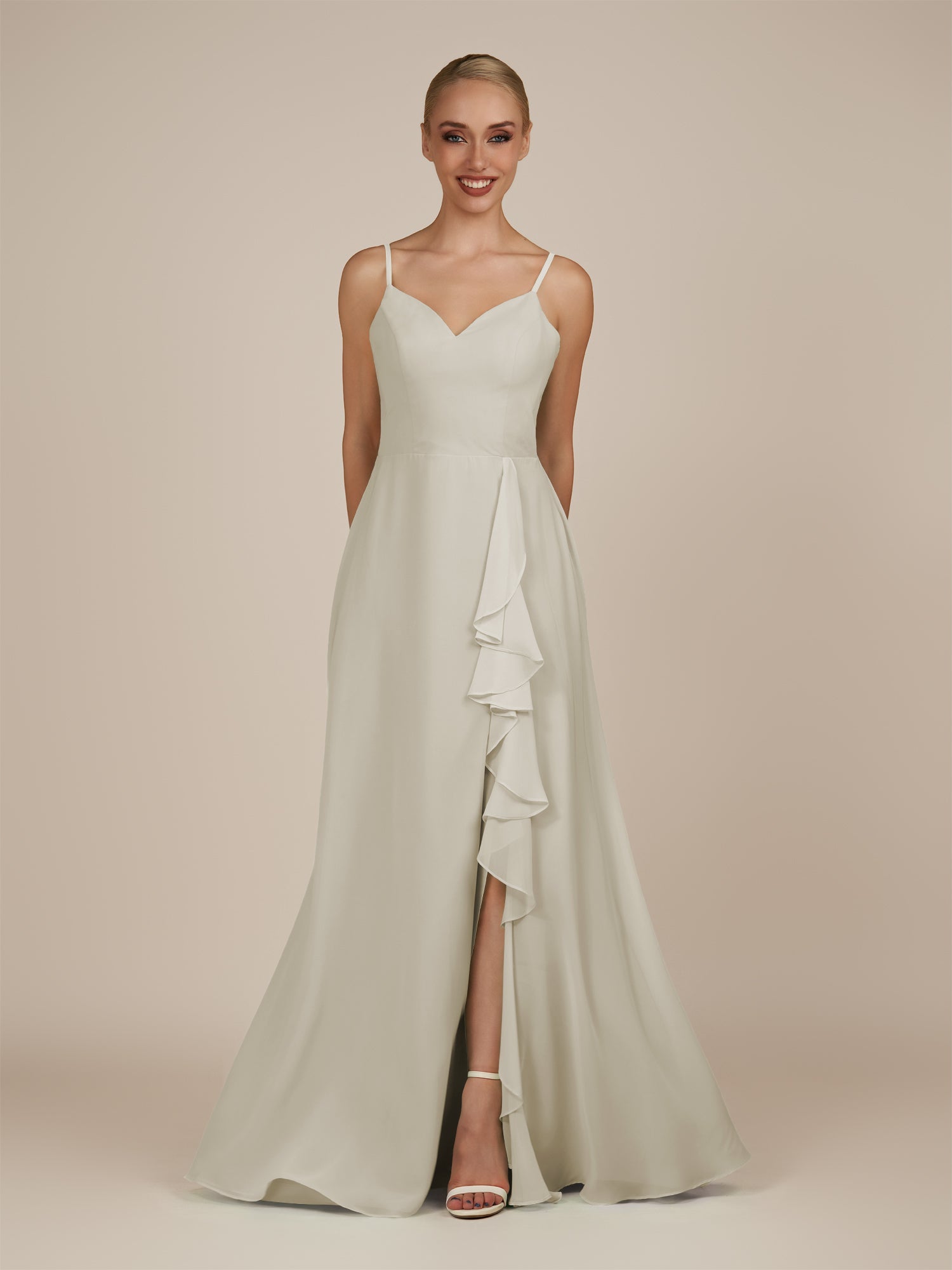 KissDress-Rhonda Dove Gray Sheath Chiffon V Neck Ruffled Long Bridesmaid Dress with Slit