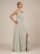 KissDress-Rhonda Dove Gray Sheath Chiffon V Neck Ruffled Long Bridesmaid Dress with Slit