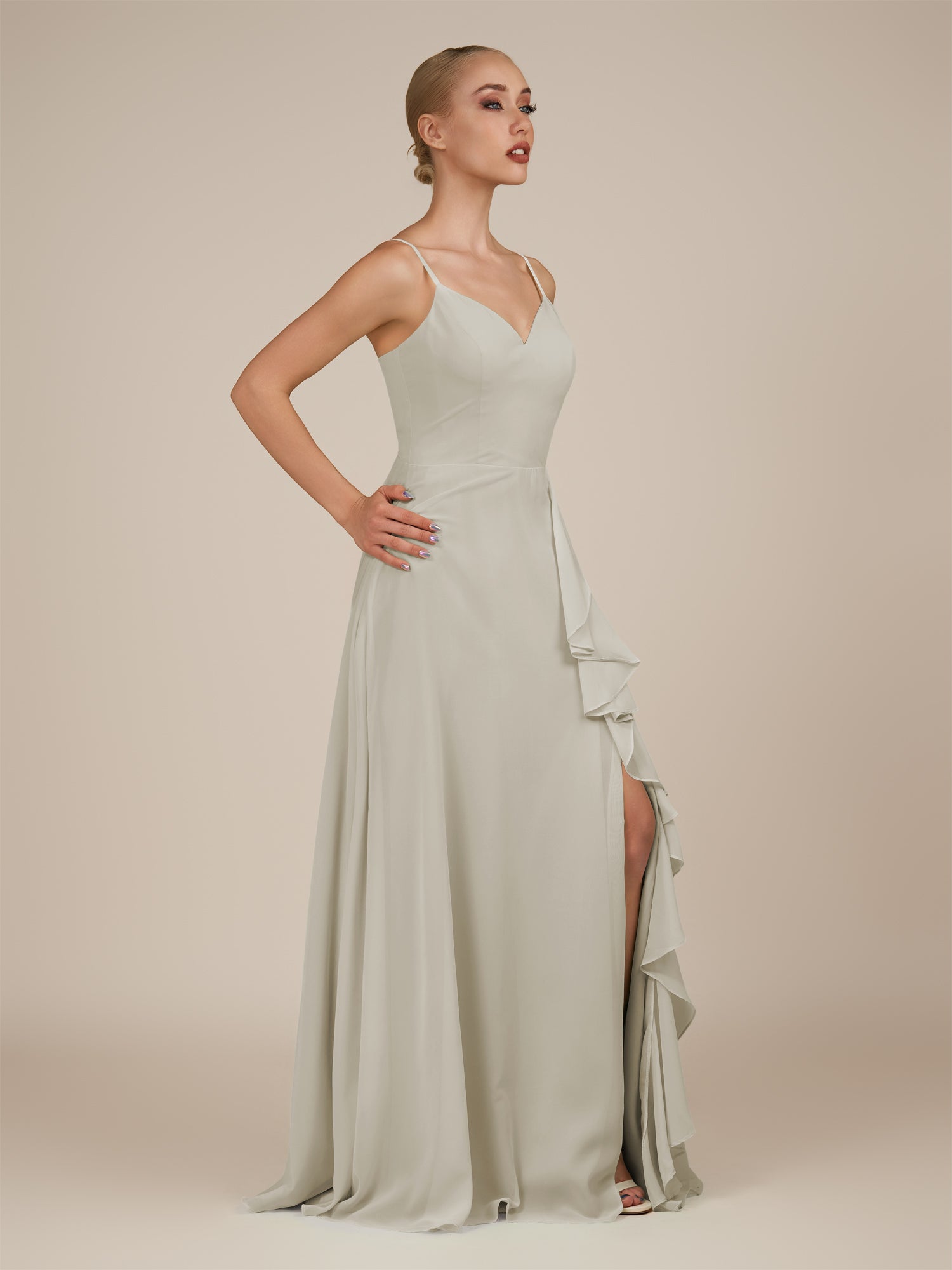 KissDress-Rhonda Dove Gray Sheath Chiffon V Neck Ruffled Long Bridesmaid Dress with Slit