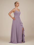 KissDress-Rhonda Dusk Sheath Chiffon V Neck Ruffled Long Bridesmaid Dress with Slit