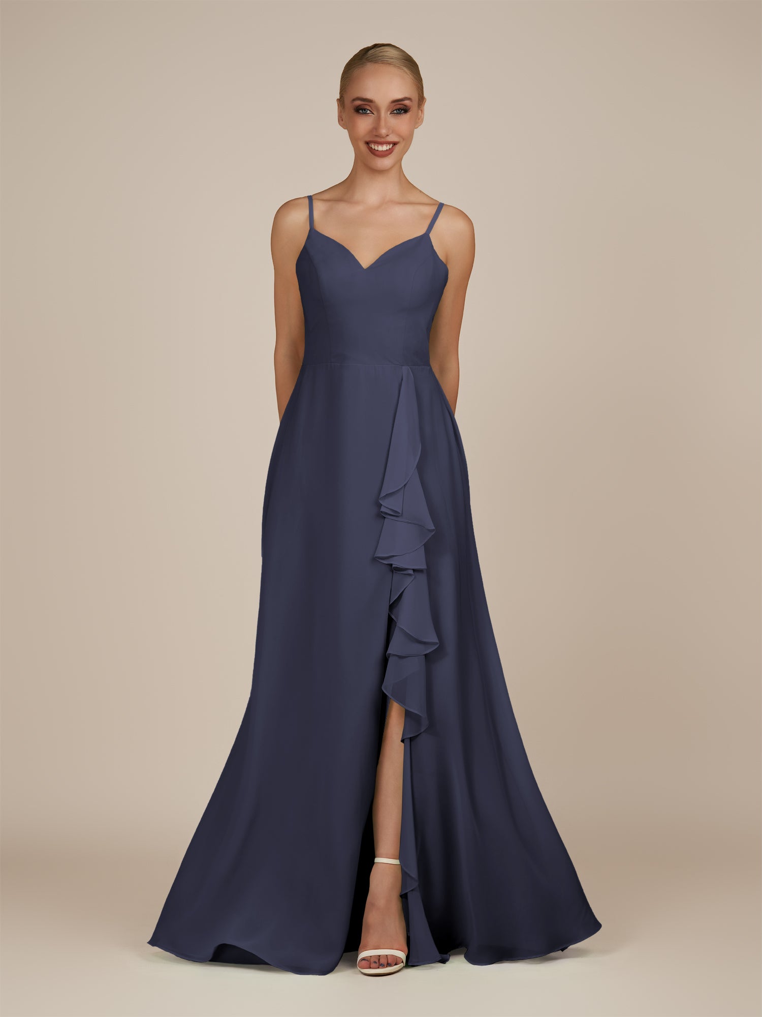 KissDress-Rhonda Dusk Blue Sheath Chiffon V Neck Ruffled Long Bridesmaid Dress with Slit