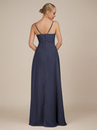 KissDress-Rhonda Dusk Blue Sheath Chiffon V Neck Ruffled Long Bridesmaid Dress with Slit