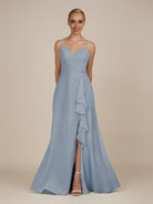 KissDress-Rhonda Dusty Blue Sheath Chiffon V Neck Ruffled Long Bridesmaid Dress with Slit