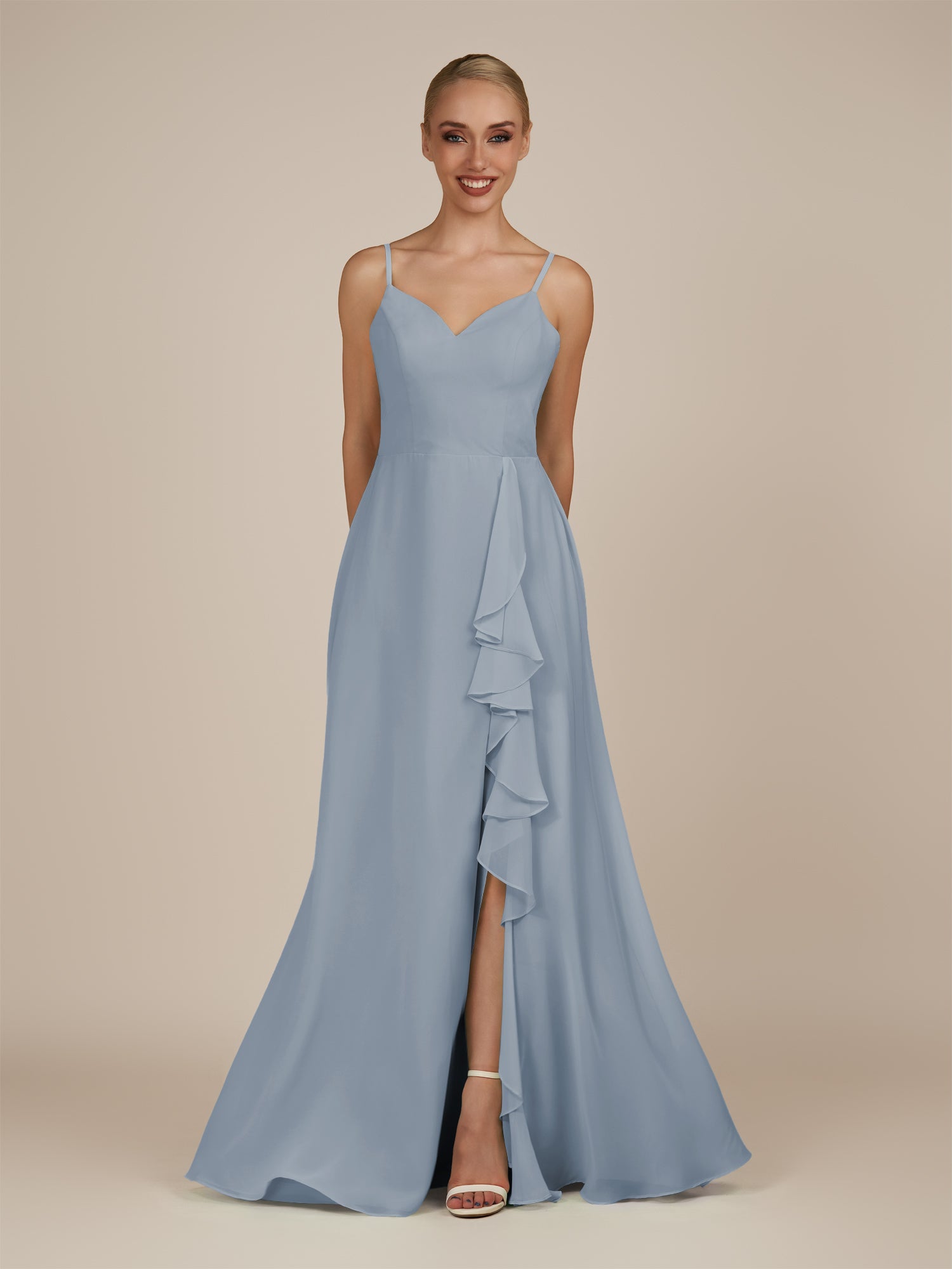 KissDress-Rhonda Dusty Blue Sheath Chiffon V Neck Ruffled Long Bridesmaid Dress with Slit