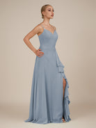 KissDress-Rhonda Dusty Blue Sheath Chiffon V Neck Ruffled Long Bridesmaid Dress with Slit