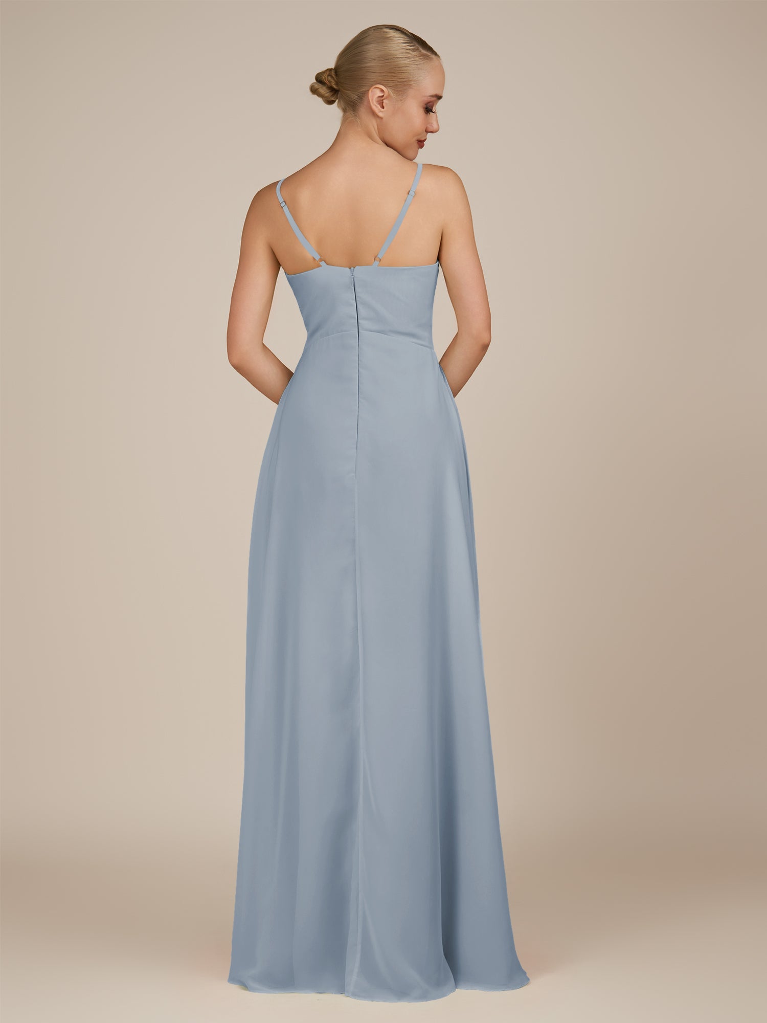 KissDress-Rhonda Dusty Blue Sheath Chiffon V Neck Ruffled Long Bridesmaid Dress with Slit