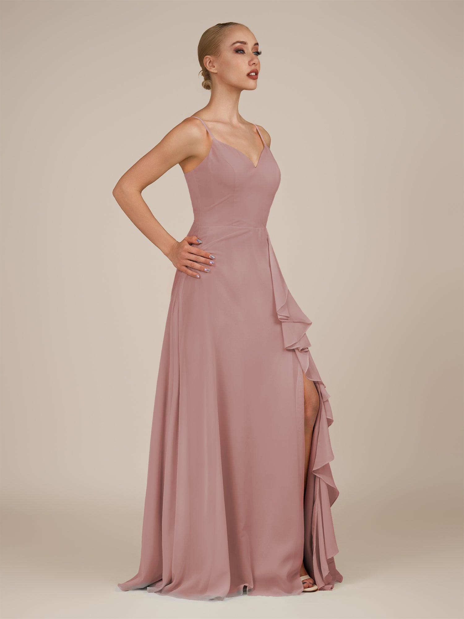 KissDress-Rhonda Dusty Rose Sheath Chiffon V Neck Ruffled Long Bridesmaid Dress with Slit