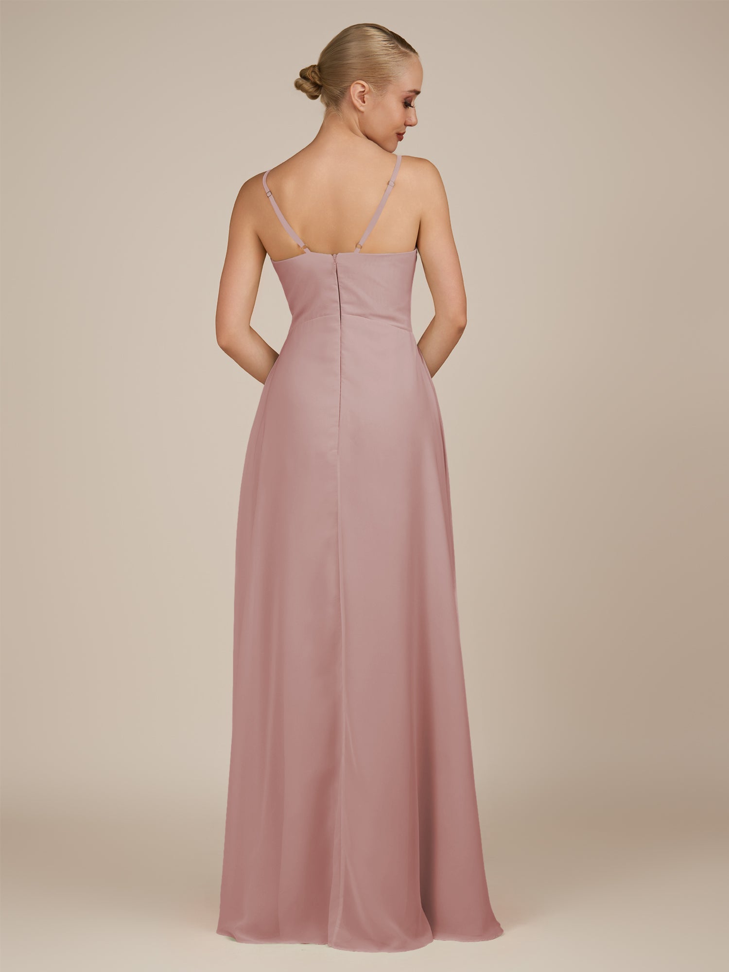KissDress-Rhonda Dusty Rose Sheath Chiffon V Neck Ruffled Long Bridesmaid Dress with Slit
