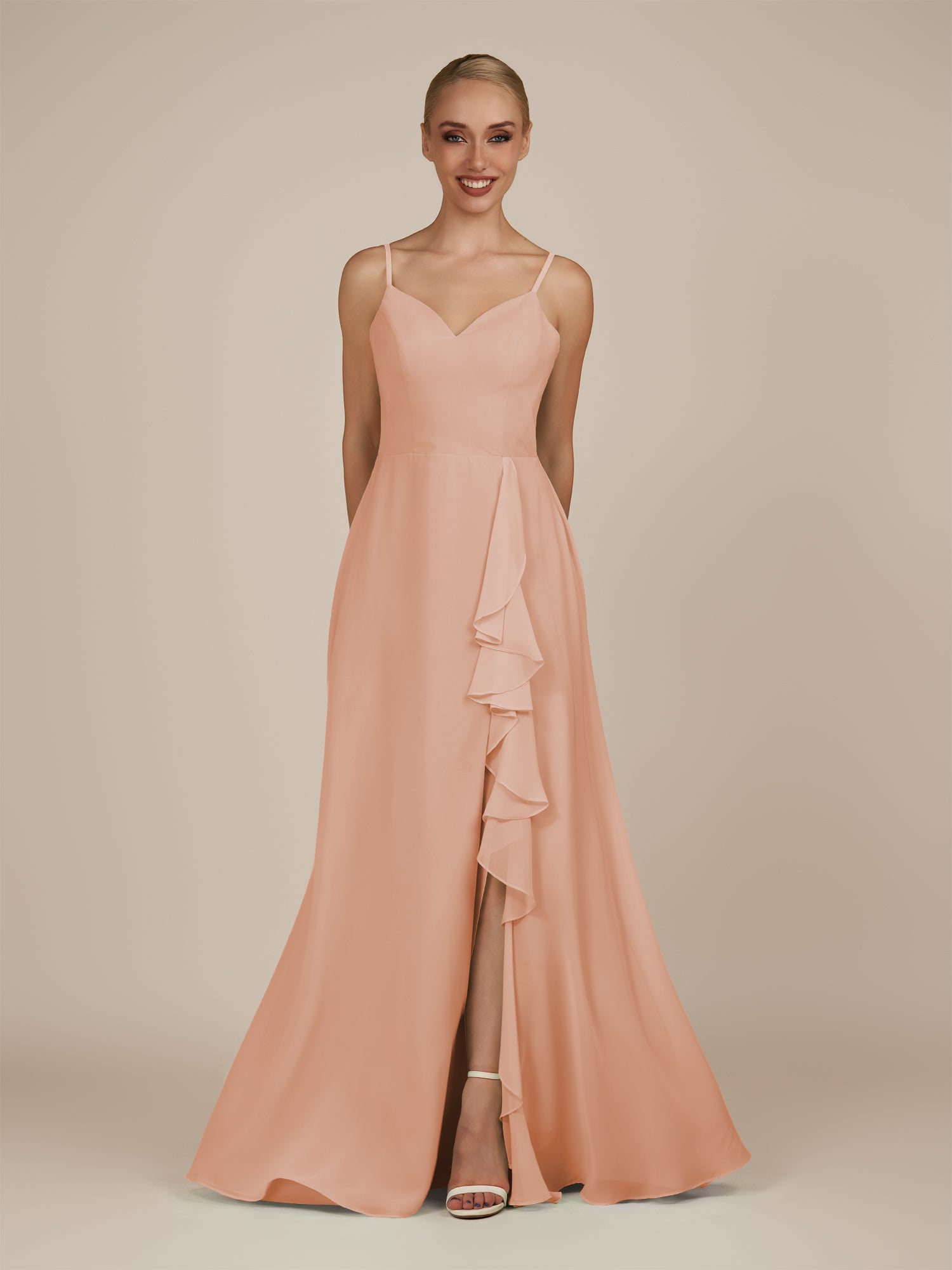 KissDress-Rhonda English Rose Sheath Chiffon V Neck Ruffled Long Bridesmaid Dress with Slit
