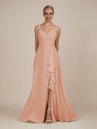 KissDress-Rhonda English Rose Sheath Chiffon V Neck Ruffled Long Bridesmaid Dress with Slit