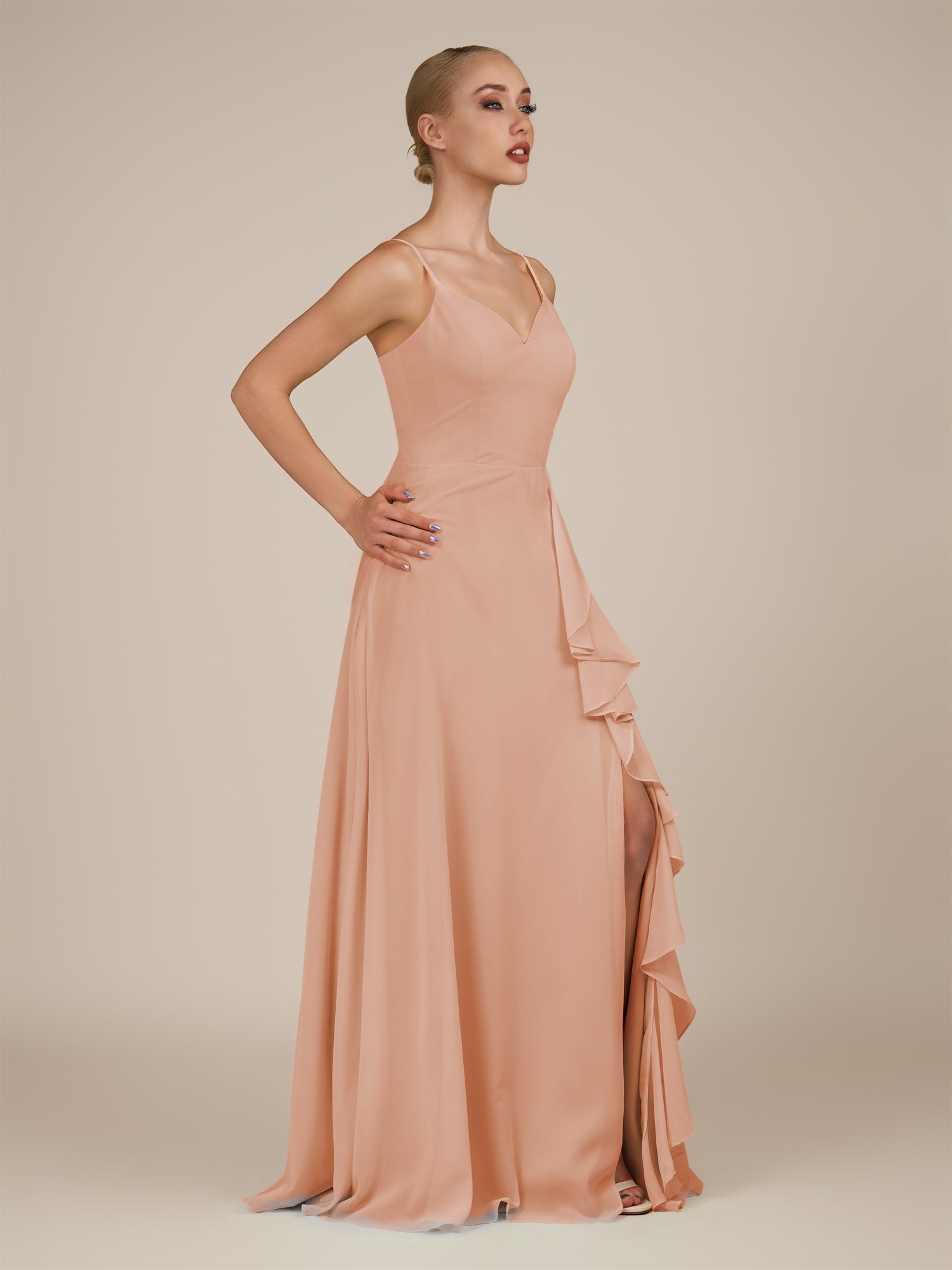 KissDress-Rhonda English Rose Sheath Chiffon V Neck Ruffled Long Bridesmaid Dress with Slit