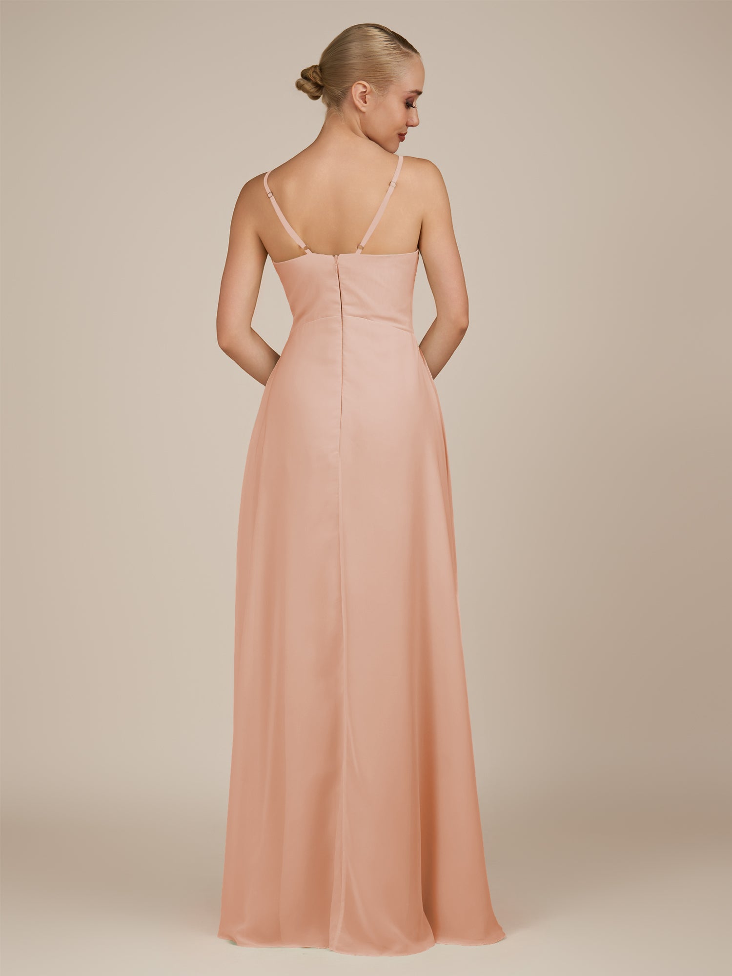 KissDress-Rhonda English Rose Sheath Chiffon V Neck Ruffled Long Bridesmaid Dress with Slit
