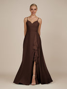 KissDress-Rhonda Espresso Sheath Chiffon V Neck Ruffled Long Bridesmaid Dress with Slit
