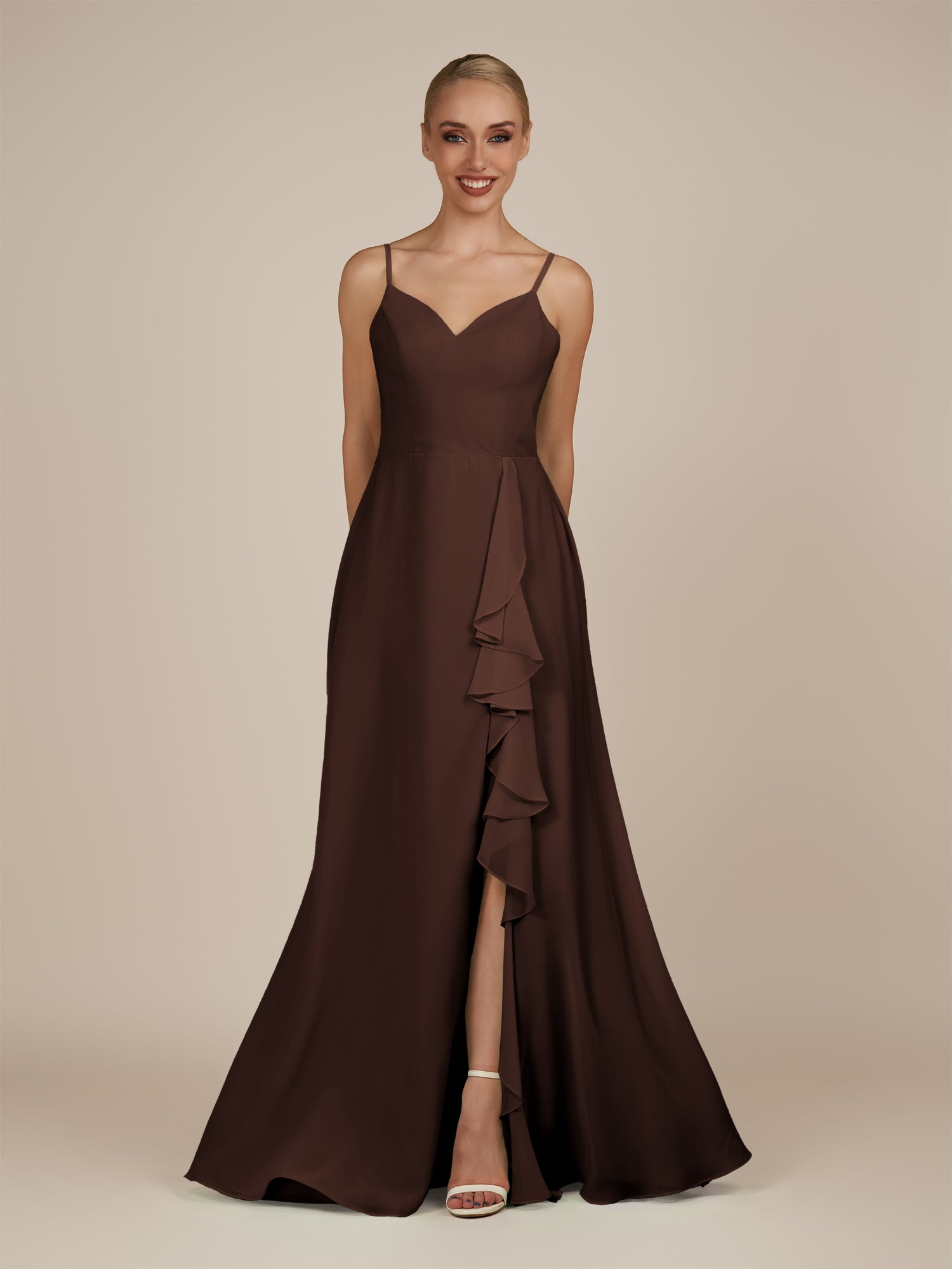 KissDress-Rhonda Espresso Sheath Chiffon V Neck Ruffled Long Bridesmaid Dress with Slit