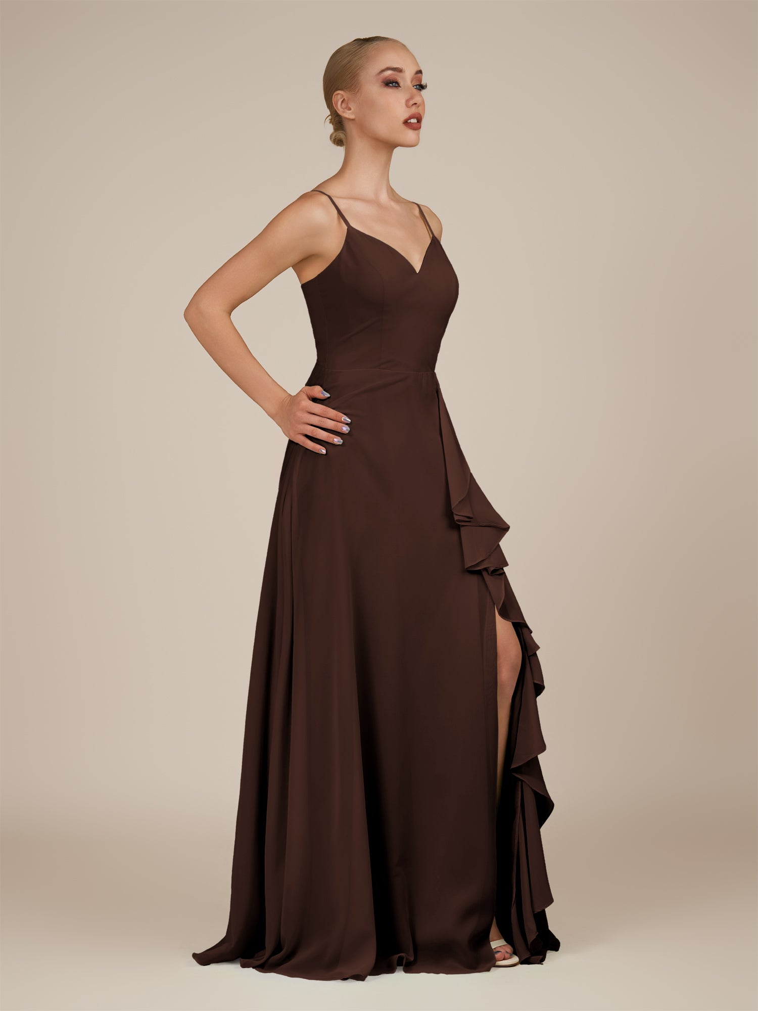 KissDress-Rhonda Espresso Sheath Chiffon V Neck Ruffled Long Bridesmaid Dress with Slit