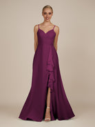 KissDress-Rhonda Fig Sheath Chiffon V Neck Ruffled Long Bridesmaid Dress with Slit