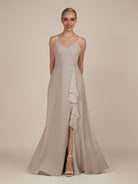 KissDress-Rhonda Frost Sheath Chiffon V Neck Ruffled Long Bridesmaid Dress with Slit