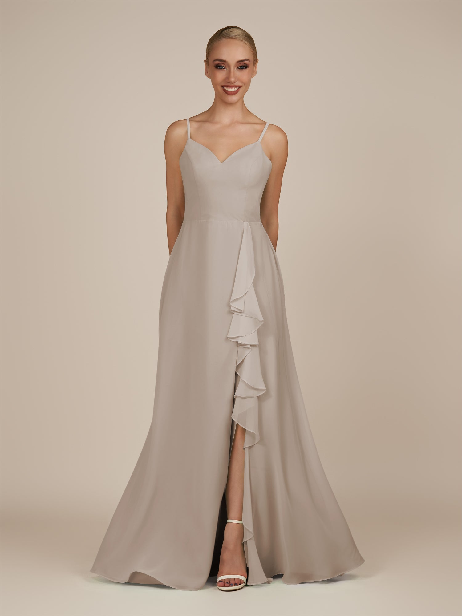 KissDress-Rhonda Frost Sheath Chiffon V Neck Ruffled Long Bridesmaid Dress with Slit