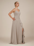 KissDress-Rhonda Frost Sheath Chiffon V Neck Ruffled Long Bridesmaid Dress with Slit