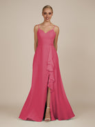 KissDress-Rhonda Fuchsia Sheath Chiffon V Neck Ruffled Long Bridesmaid Dress with Slit